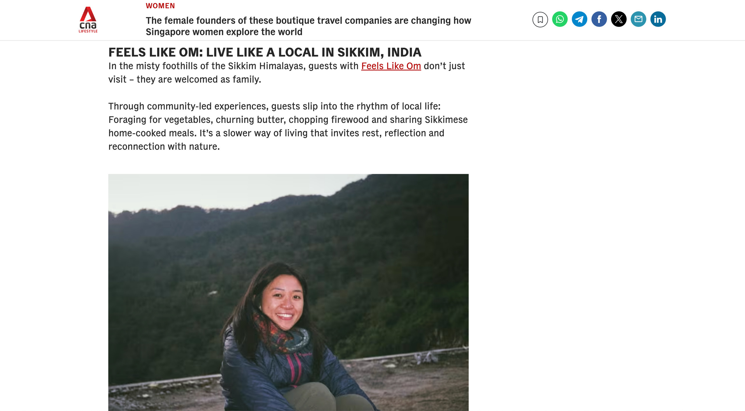 Screenshot of the CNA Lifestyle article featuring Feels Like Om